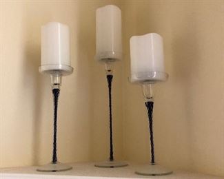 Italian 3 Cobalt Blue Twist Stem Candle Holders w/Clear Bowl & Clear Base