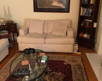 Cream colored ultrasuede loveseat book shelf, headphones glass coffee table, French style rug