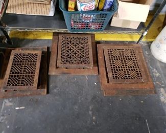Assorted Antique Cast Iron floor vent grates with trims 4 available approx sizes (3) 16" x 18" (1) 14" x 18" . 