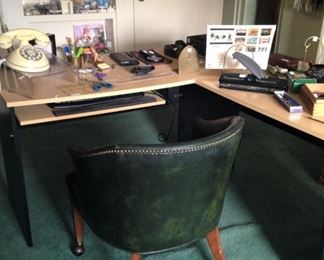 Green leather chair; L-shape desk