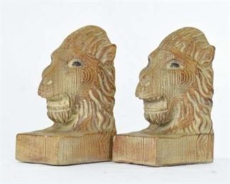 Pair Carved Lion Bust Booksend