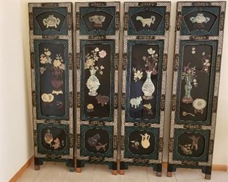 4 Panel Soapstone, Jade, Mother of Pearl, Oriental Screen