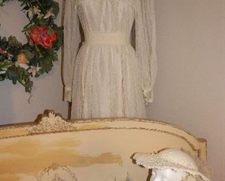 Vintage wedding gown, hat with antique twin headboard and footboard
