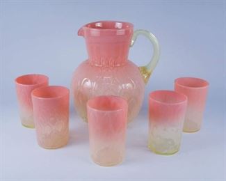 Antique Peach Blow Art Glass Pitcher and Tumblers Set