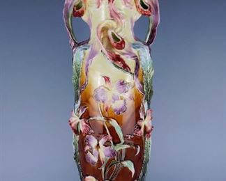Art Nouveau Majolica Floral Vase 22" tall