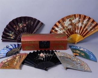 Lot Antique Chinese Painted Box w Group of Hand Fans