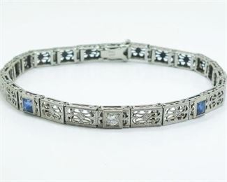 14K White Gold Platinum Diamond Sapphire Line Bracelet