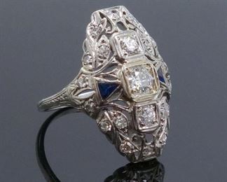 1920s Art Deco Platinum Diamond Sapphire Filigree Ring