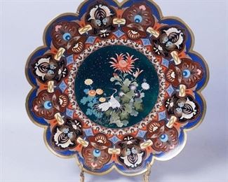 Japanese Cloisonne Crane Flowers Silver Wire Charger