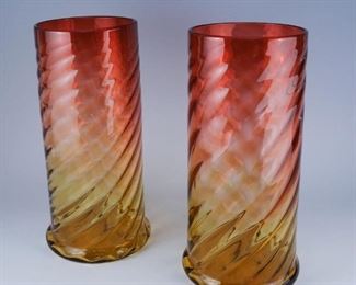 Set 2 Large Amberina Swirl Vases