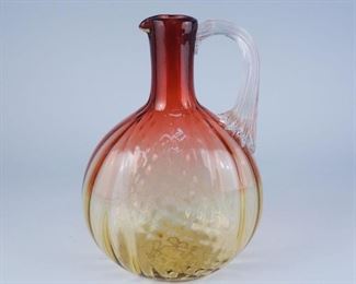 Amberina Clear Reeded Handle Decanter Pitcher