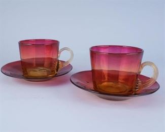 Lot 2 Amberina Cup Saucer Reeded Handle
