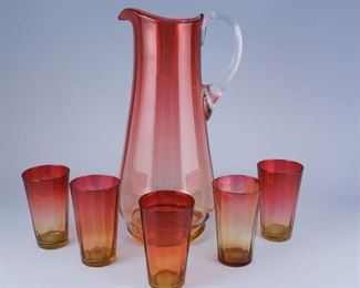 Amberina Tankard Clear Glass Reeded Handle w 5 Glasses