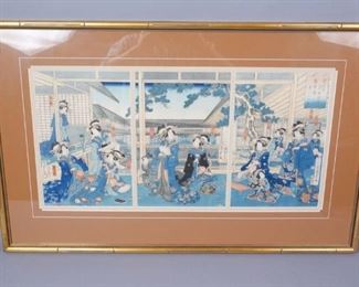 Japanese Woodblock Triptych Print Noble Women in Blue