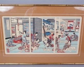 Japanese Woodblock Triptych Print Noble Household