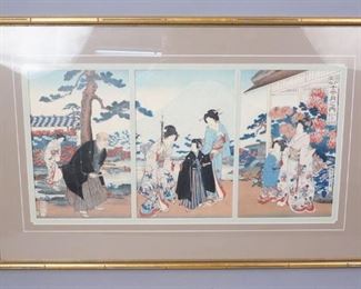 Japanese Woodblock Triptych Print Noble family