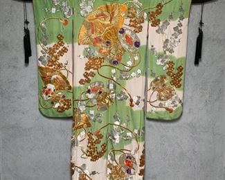 $1200--vintage kimono, uchikake, green and white silk with gold embroidery of drums and fans, Japan, Japanese