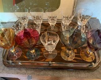 set of crystal wine glasses by St Louis for the USS France, glasses are monogrammed by the shipping line