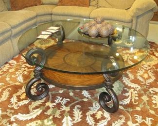 $95.00, 46" across x 21" tall, Round glass top coffee table