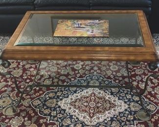 Glass, wood & iron coffee table