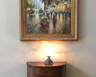 Demi Federal style end/side table; crystal and silver plate lamp (Godinger Silver Art pair); painting