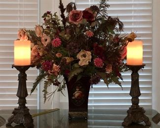 Floral arrangement; pair electric candleholder