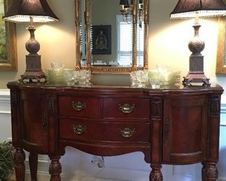 Broyhill sideboard; lamps; mirror; Federal glass plates; Federal glass buffet plate set