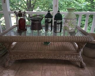 Vintage Summer Classics wicker glass top coffee table; various lanters; vase