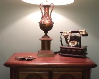 Vintage night stand (pair) brass leaf; lamp; vintage phone