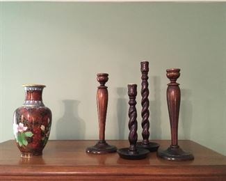 Cloisonne vase; wooden candlesticks