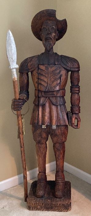 Vintage Don Quixote wooden statue (approx. 4' tall w/ hide-away cabinet/drop down shelf)