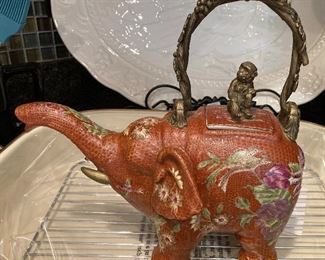 Vintage porcelain/brass elephant and monkey tea pot