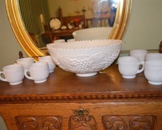 grape decorated milk glass punch set $65
