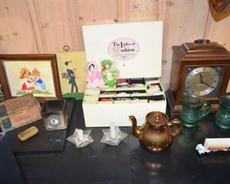 Miss Edna painting, The Ladies of Fashion Christmas ornaments; Set Thomas mantle clock; Lustre teapot; Bicentennial mugs