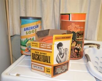 American Logs SOLD; Three Dog Night trashcan; Spaulding Rick Barry basketball