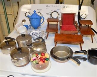 Child's Revere Ware cooking set; mid-century doll furniture