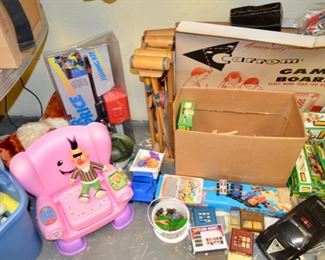 vintage toys: Brio, Hot Wheels, croquet set; Carroom Game Board; Fisher Price fishing kit, etc.