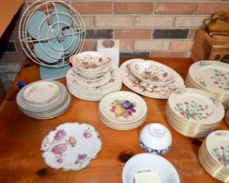 metal GE fan; Johnson Bros. china, paint decorated china plates, Tiffany & Co. bowl