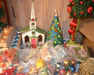 1950s styrofoam church, Christmas tree motion lamp; bag lots of vintage ornaments, old wrapping paper