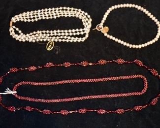 Honora pearl necklace, pearl necklace; garnet torsade necklaces