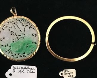 Carved jade medallion pendant in 14k gold bezel SOLD; 18k gold banglen$650