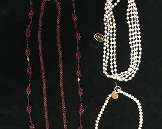 Garnet torsade necklaces $200 each; Honora pearl necklace (top right) w/14k clasp$150; Pearls (bottom right) $60