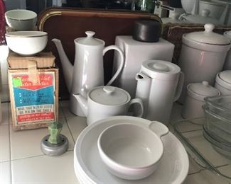 GROUP LOT of 2 Coffee Pots, 2 Tea Pots and 1 Square Decanter -- $30                                                                                     Pie Plates included with another pictured LOT