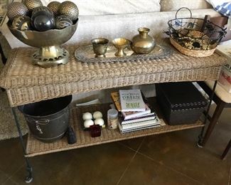 Wicker & Iron Sofa Table --  $145                                         Large Brass Bowl (without balls) -- $25                         
Pewter Oval Tray -- $20