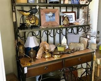 Large Iron Baker's Rack with Tile Shelf -- $295                             2 B / W Vases -- $25 EACH                                                                  Small Brass Lamp -- $10                                                                         Large Brass Cache Pot -- $60                                                           2 Tall Wooden Owls -- $15 EACH 