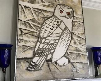 Large Owl Painting by the Reynolds Studio (Calif.) -- $250                                                                                                        PAIR Cobalt Blue & Iron Candle holders -- $50