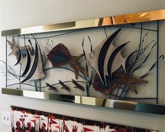 Multimedia enamel & mixed metals3-D Aquarium Tropical  Fish Wall Sculpture signed Curtis Jere’ (Calif.) -- $325
