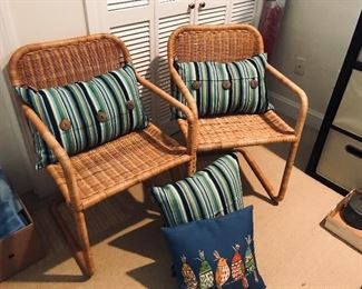 Pair of Wicker Arm Chairs -- $95                                               Set of 4 Striped Pillows -- 28                                                       Bird Pillow -- $6