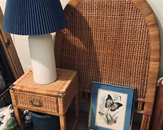 PAIR of Twin-size Wicker Headboards with Frames -- $120                                                                                               Wicker Bedside Table -- $65                                                 PAIR of White Stucco look Lamps w / Blue Shades -- 75