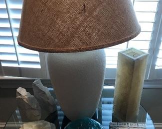 PAIR of Stucco Style Lamps with Burlap Shades (second in Kitchen) -- $95
